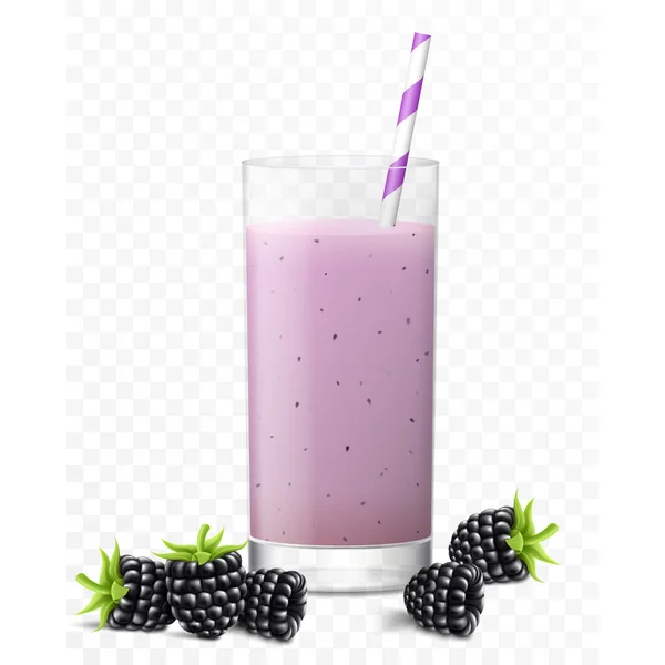 Glass Refreshing Juice Ripe Blackberry Berries Striped Straw Cocktails Isolated — Vetor de Stock