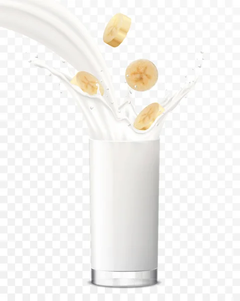 Банановые Ломтики Падают Стакан Молока Йогурта Сладкое Молоко Брызгает Фруктовый — стоковый вектор