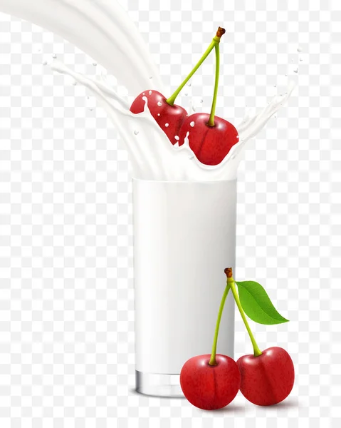 Cherry Falling Glass Milk Yogurt Sweet Milk Splashes Fruit Milkshake — Stock Vector