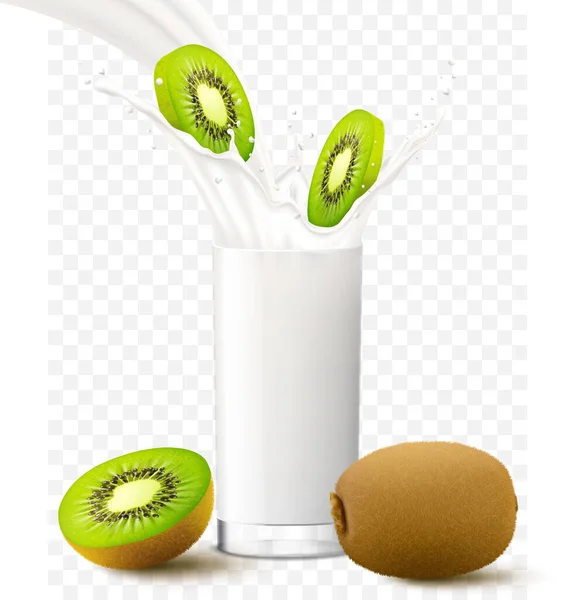 Kiwi Fruit Slices Falling Glass Milk Yogurt Fruit Milkshake Advertising — Vetor de Stock