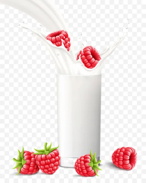 Raspberry Falling Glass Milk Yogurt Sweet Milk Splashes Fruit Milkshake — Vetor de Stock