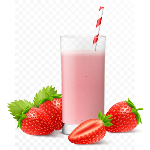 Strawberry Juice Cocktail Smoothie Yogurt Glass Straw Whole Half Strawberry — Vetor de Stock