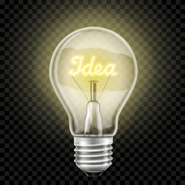 Glowing Light Bulb Word Idea Realistic Vector Isolated Transparent Background — Stok Vektör