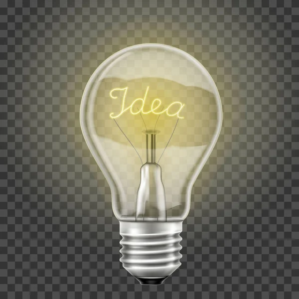 Glowing Light Bulb Word Idea Realistic Vector Isolated Transparent Background — Vetor de Stock