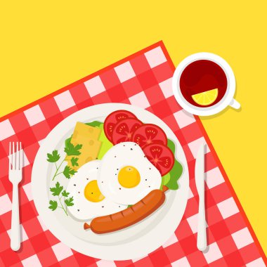 Kahvaltıda. Bir fincan çay, peynirli omlet, sosis ve domates dilimleri, kızarmış ekmek ve otlar. Damalı bir masa örtüsünün arka planında vektör illüstrasyonu, düz tasarım