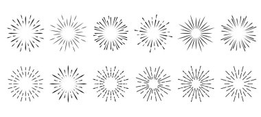 Işık ışınları, kuvvetli güneş ışığı ve güneş ışınlarının kümesi. Tasarım öğeleri, Doğrusal çizim, vintage hippi tarzı. Işık ışınları sunburst, ok, şerit vektör çizim