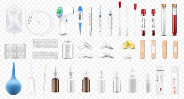 Tıbbi ekipman ve ilk yardım çantası. Gerçekçi 3D tıbbi ikon seti haplar, lavman, enjeksiyon şırıngası, burun spreyi, test tüpleri, damlatıcı, termomet, izole edilmiş detaylı nesneler.