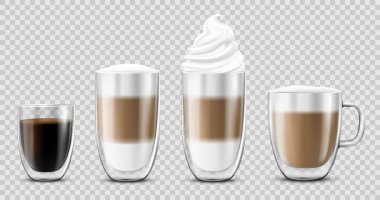 Coffee cup set, isolated on transparant background. Double walled glass mug with hot drink, americano, Cappuccino, espresso, latte, milk brown coffee, vector realistic 3d illustration, mock up. clipart