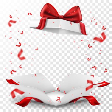 Opened gift box with red bow and serpentine on transparent background clipart