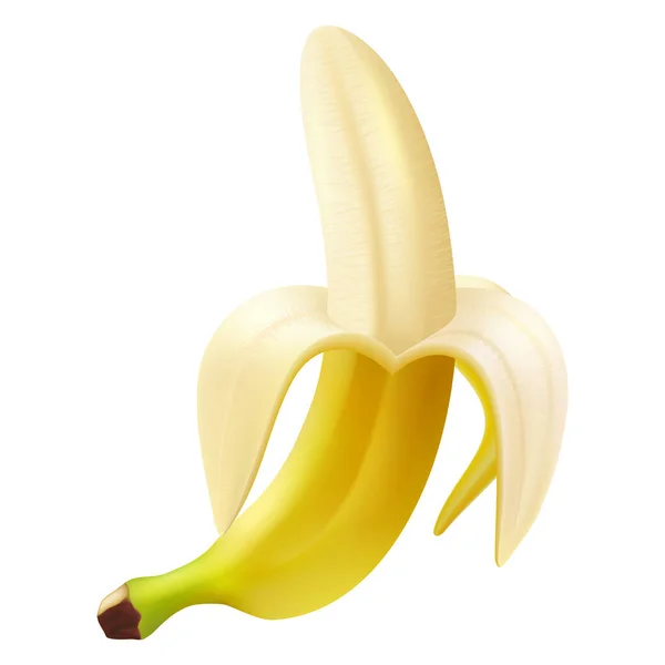 Banana Aperta Realistica Isolata Sfondo Bianco Mezza Banana Pelata Illustrazione — Vettoriale Stock