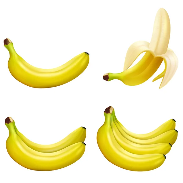 Conjunto Plátanos Ilustración Realista Vector Banana Plátano Medio Pelado Racimo — Vector de stock