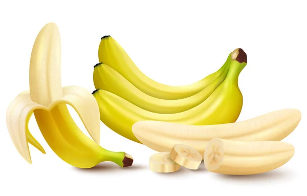 Набір Векторних Реалістичних Ілюстрацій Бананів Банан Наполовину Очищений Банан Грудка — стоковий вектор
