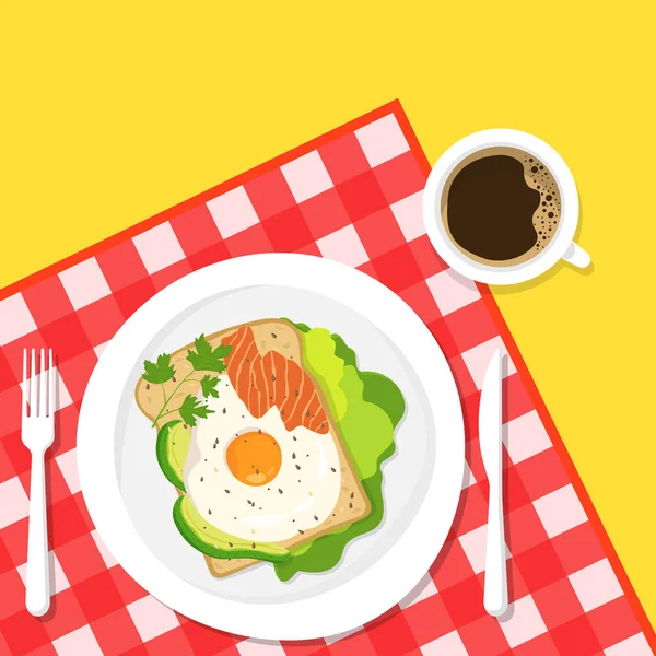 Healthy Breakfast Cup Coffee Delicious Sandwich Avocado Salmon Fried Egg — Vetor de Stock