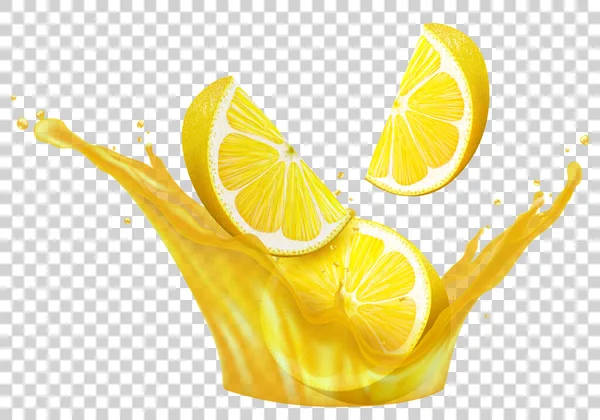 Lemons Slices Lemon Juice Splashes Many Juice Drops Realistic Illustration — 스톡 벡터