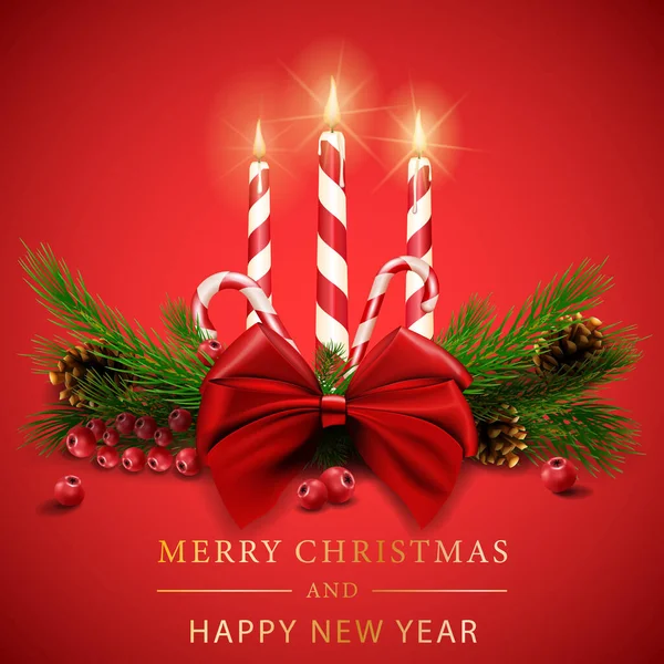 Merry Christmas Realistic Shining Candles, Burning Fire, Light Garlands and Fir Tree Branches on Red Background. Vector illustration