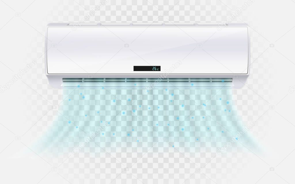 Air conditioner with cold wind waves . Air conditioner with flows of cold air. Electronic modern appliance for controlling temperature and climate in room, realistic 3d vector illustration