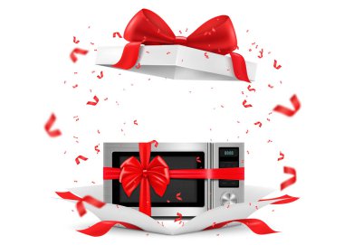 Microwave with red ribbon and bow inside open gift box. Gift concept. Kitchen appliances. Isolated 3d vector illustration. 3D rendering.