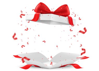 Opened gift box blank with red ribbon and bow. Isolated on a white background. Realistic 3D vector illustration