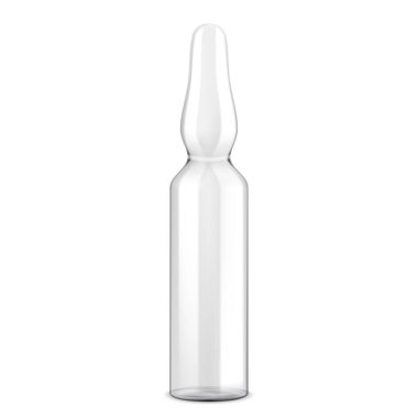 Medical ampoule isolated on white. Realistic 3d Vector illustration of blank glass transparent ampule. Vaccine packing, virus antibody, pharmaceutical container packaging. Clinical dose.