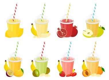 Set of fruit cocktail or smoothies. Plastic transparent cups for smoothie with striped pipe. Strawberry, lemon, orange, kiwi, pomegranate, mango, apple, banana cocktail. Flat design
