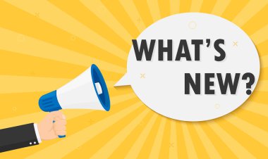 Male hand holding megaphone, speech bubble with whats new. Loudspeaker. Banner for business, marketing and advertising. Vector flat illustration.