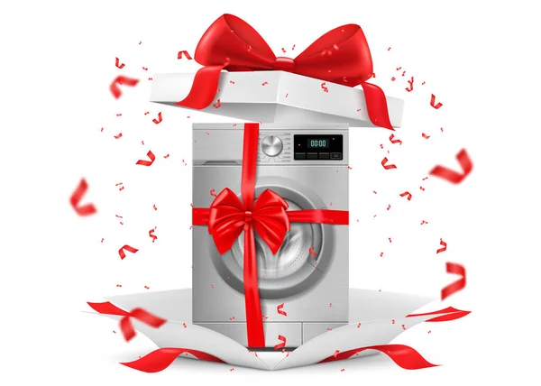 Washing Machine Red Ribbon Bow Open Gift Box Gift Concept — Stockový vektor