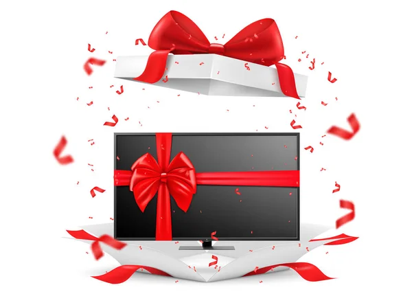 Plasma Red Ribbon Bow Open Gift Box Rendering Gift Concept — Stockový vektor
