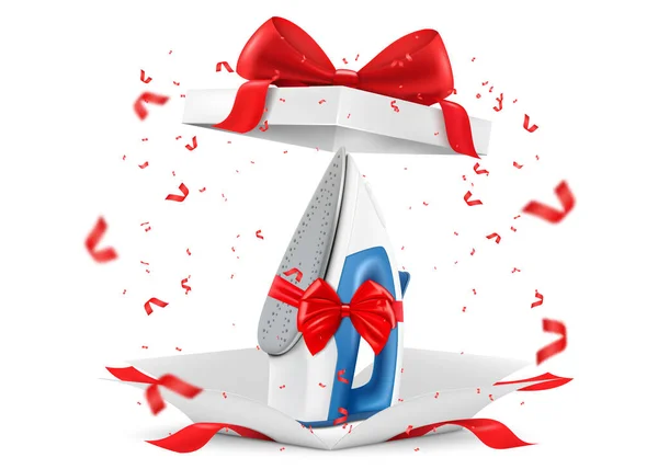 Iron Red Ribbon Bow Open Gift Box Rendering Gift Concept — 图库矢量图片
