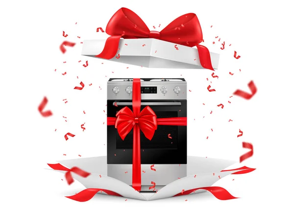 Gas Stove Red Ribbon Bow Open Gift Box Rendering Gift — Archivo Imágenes Vectoriales