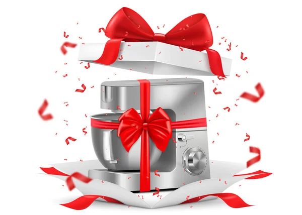 Food Processor Red Ribbon Bow Open Gift Box Gift Concept — Stockvector
