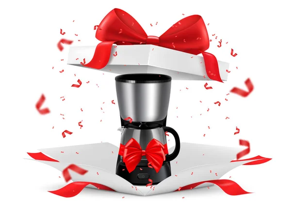 Drip Coffee Maker Red Ribbon Bow Open Gift Box Gift — Stockvector
