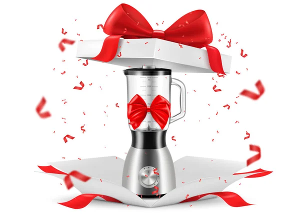 Blender Red Ribbon Bow Open Gift Box Gift Concept Kitchen — Stockvector