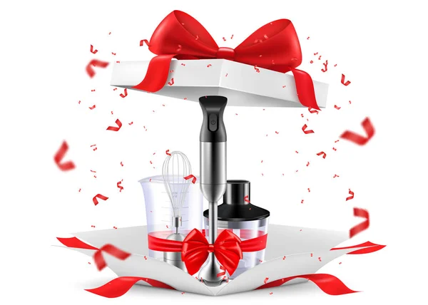 Blender Red Ribbon Bow Open Gift Box Gift Concept Kitchen — 图库矢量图片