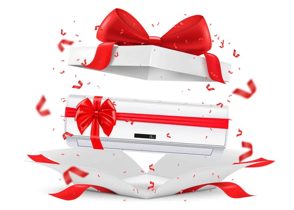 Air Conditioner Red Ribbon Bow Open Gift Box Gift Concept — Stockový vektor