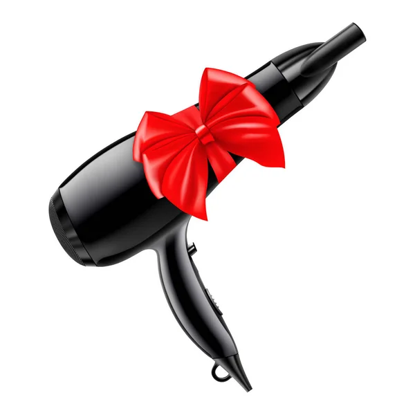 Hair Dryer Red Ribbon Bow Rendering Gift Concept Realistic Vector — Vetor de Stock