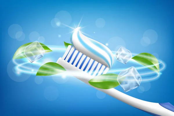 Реклама Зубной Пасты Освежающая Мята Зубная Паста Зубной Щетке Листьях — стоковый вектор