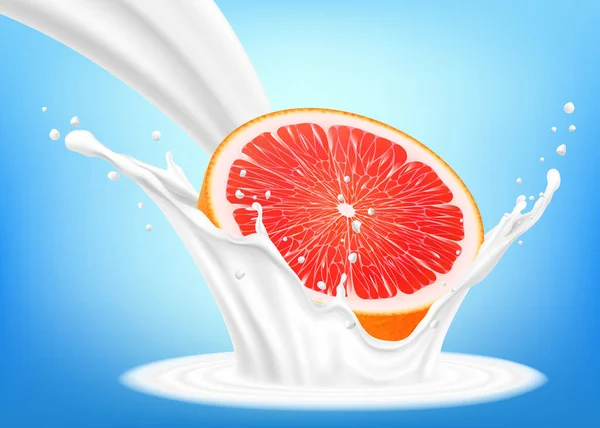 Fresh Grapefruit Splash Milk Blue Background Grapefruit Half Falls Milk - Stok Vektor