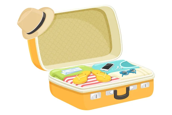 Opened Travel Suitcase Full Things Summer Vacation Flat Design Vector —  Vetores de Stock