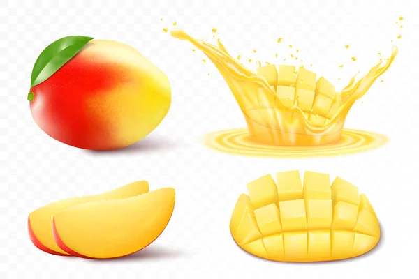 Set Fresh Whole Half Cut Slice Mango Fruits Mango Splash — Stockvector