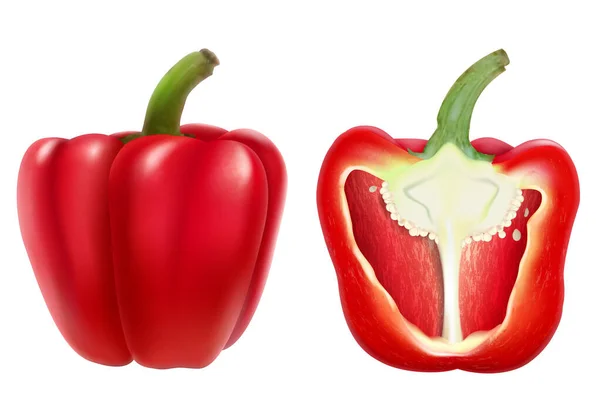 Red Bell Pepper Whole Half Isolated White Background Sweet Paprika — Stockový vektor