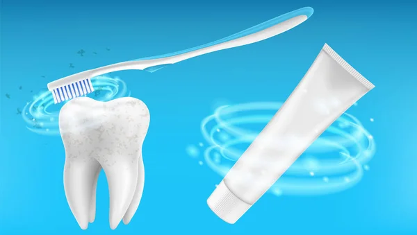 3d realistic clean and dirty tooth set on blue background, Teeth cleaning and whitening procedure. Dental health concept. Healthy enamel. Vector illustration.