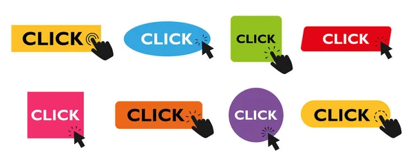 Set Colored Buttons Click Here Hand Mouse Cursor Isolated White — Wektor stockowy