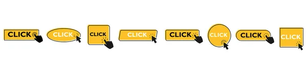 Set Colored Buttons Click Here Hand Mouse Cursor Isolated White — Stockvector