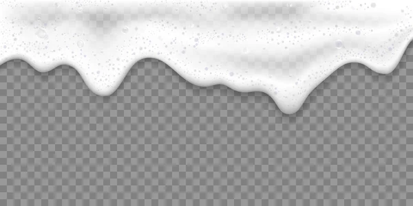 Bath foam or Beer foam realistic 3D vector illustration, isolated on transparent background. White soap suds with rainbow air bubbles, shampoo bubbles or foaming detergent texture, frame or border for