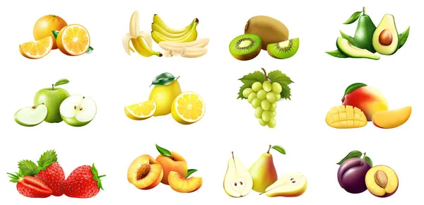 Sweet Fruits Banana Orange Kiwi Avocado Apple Lemon Grapes Mango — Stock vektor
