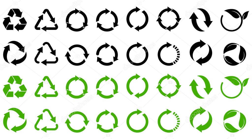 Recycle and ecology icons collection reuse refuse concept, recycled paper and industrial package marks vector illustration isolated on white background