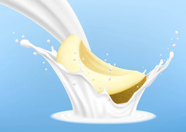 Latte Allo Yogurt Spruzzato Con Melata Gialla Matura Tagliato Pezzo — Vettoriale Stock