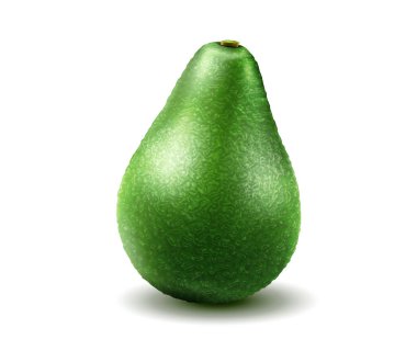 Realistic green avocado for healthy eating. 3D rendering. Whole, slice and halved avocado with bone. Composition of ripe avocado. Vector illustration isolated on white background.