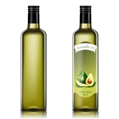 Avocado Oil Bottles, Oil Glass Bottles. realistic 3d vector illustration. Extra virgin avocado vector, bottle with metal cap