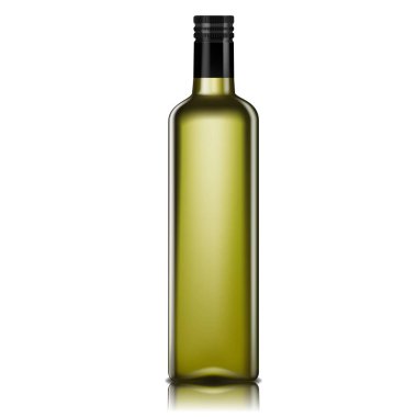 Petrol için boş cam şişe, 3 boyutlu gerçekçi vektör. Beyaz arka planda izole edilmiş zeytin ya da avokado yağı şişesi..